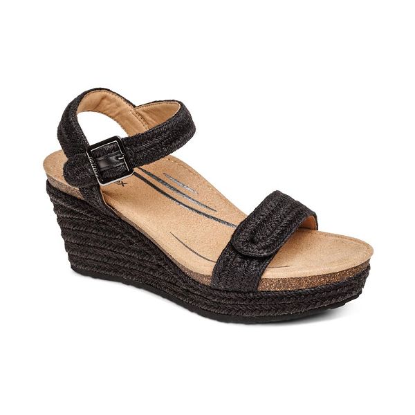 Aetrex Women's Sydney Quarter Strap Espadrille Wedge Sandals Black Sandals UK 7773-857